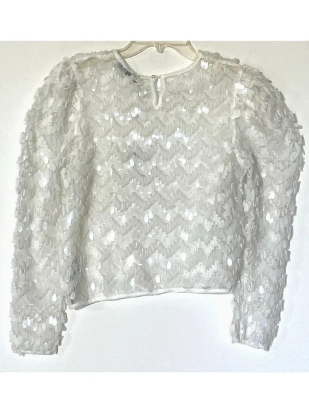 New Zara White Sequin Embellished Puff Long Sleeve Party Evening Blouse Top